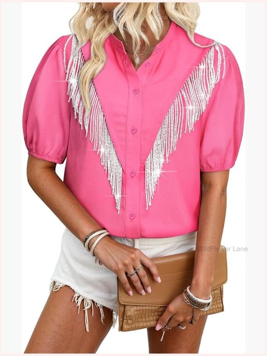 Tops - Puff Sleeve Fringe Cowgirl Button Down Shirt